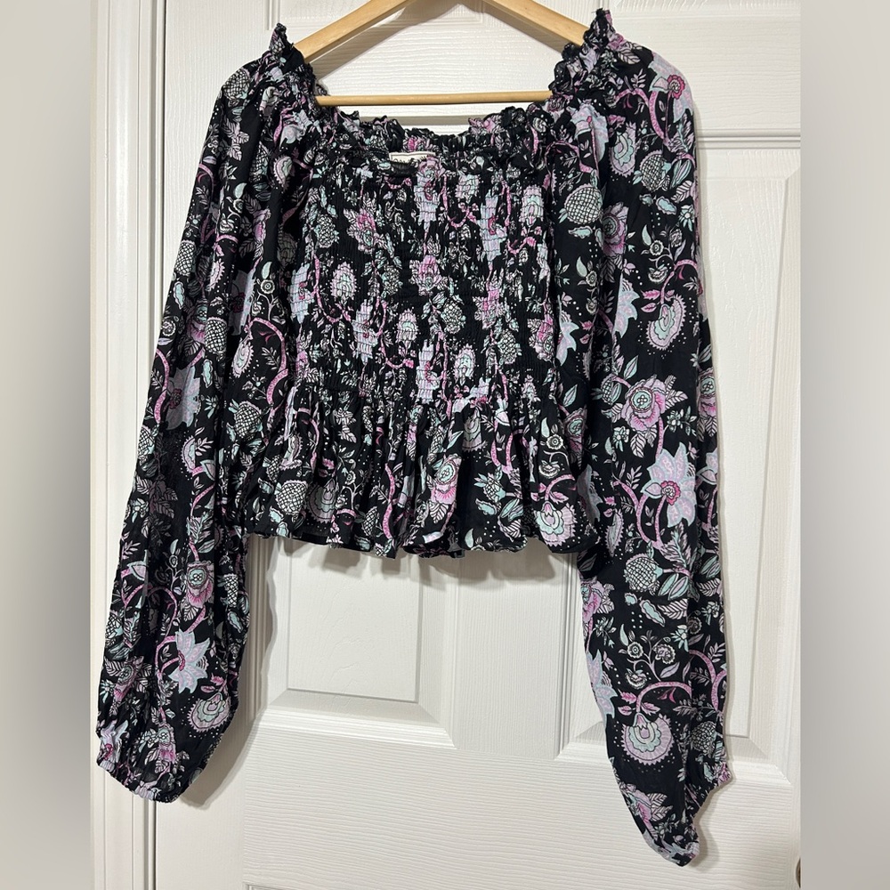 Mille Resort Circe Top Blouse Black Floral Tropical Night Lantern Sleeves Size M - Picture 3 of 7